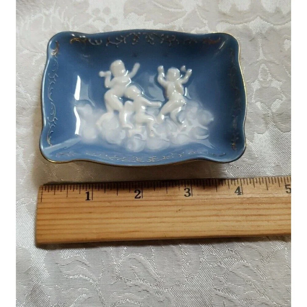 Ardalt Trinket Dish Blue White Cherubs Clouds Angels Gold Trim Japan Vintage